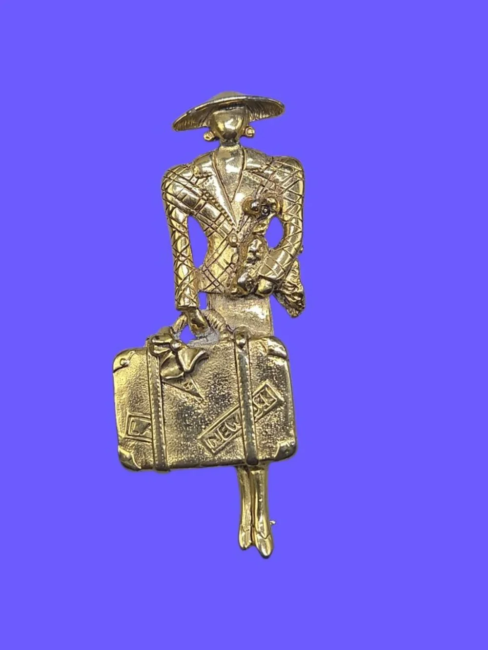 Vintage Jet-Set Traveler Figural Brooch Gold Tone Tall Lady w/Suitcase Art Deco